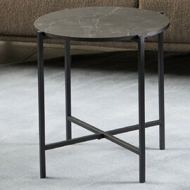 Lampe Wooden Round Side Table In Black Marble Effect