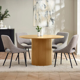 Laurel Light Oak Wooden Round Dining Table With 4 Irwin Grey Chairs