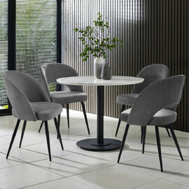 Layton White Marble Effect Round Dining Table With 4 Erie Grey Chairs