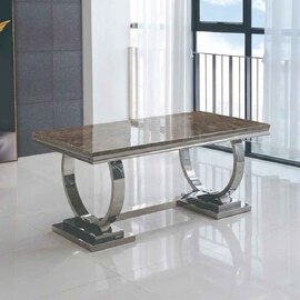 Leila Natural Stone Marble Effect Dining Table with Stainless Steel Base in Brown