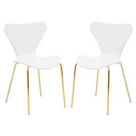 Leila White Plastic Dining Chairs With Gold Metal legs In A Pair