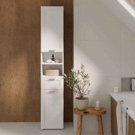 Leko Tall Narrow Wooden Bathroom Cabinet with 2 Doors 1 Drawer in White