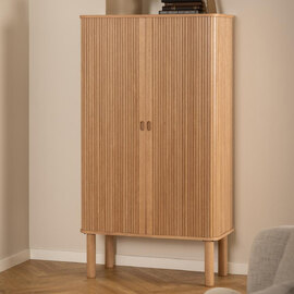 Lewiston Tall Wooden Storage Cabinet With 2 Sliding Doors In Oak
