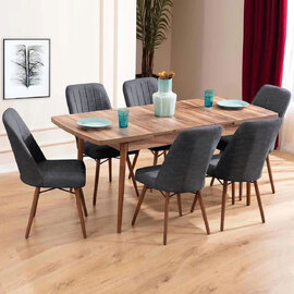 Lidyana Hornbeam Extending Dining Table with 6 Polyester Anthracite Chairs