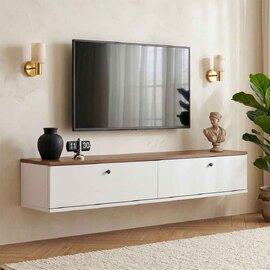 Ligne 140cm Wooden Wall Mounted TV Stand with 2 Doors in White and Atlantic Pine