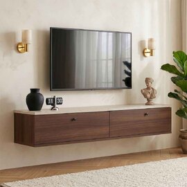 Ligne 140cm Wooden Wall Mounted TV Stand with 2 Doors in Walnut and Travertine Marble Effect