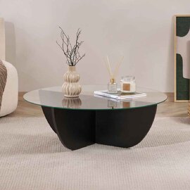 Liorza Round Clear Glass Coffee Table with Black Wooden Base