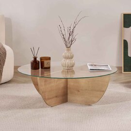 Liorza Round Clear Glass Coffee Table with Sapphire Oak Wooden Base