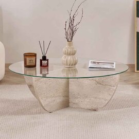 Liorza Round Clear Glass Coffee Table with Travertine Marble Effect Wooden Base