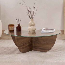 Liorza Round Clear Glass Coffee Table with Walnut Wooden Base