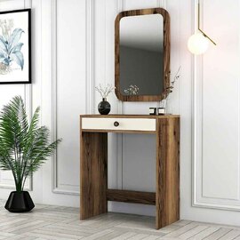 Lizbon Wooden Dressing Table with Mirror in Walnut and Cream