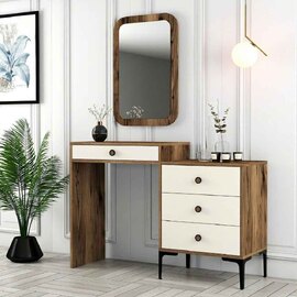 Lizbon Wooden Dressing Table Set with Mirror in Walnut and Cream