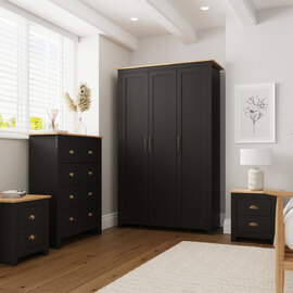 Loftus Wooden Bedroom Furniture Set With 3 Doors Wardrobe In Black And Oak
