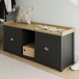 Loftus Wooden Hallway Seating Bench With 2 Doors In Black And Oak