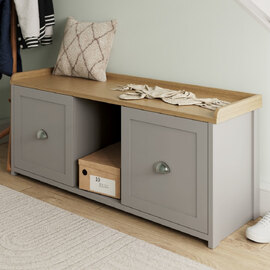 Loftus Wooden Shoe Storage Bench With 2 Doors In Grey And Oak
