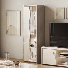 Losea Brown Marble Effect Display Cabinet in High Gloss with LED and Left Door