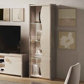 Losea Brown Marble Effect Display Cabinet in High Gloss with LED and Right Door