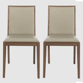 Lotus Walnut Wooden Dining Chairs With Stone Leather Seat In Pair
