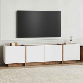 Lowenio Wooden TV Stand with 4 Doors in White and Atlantic Pine
