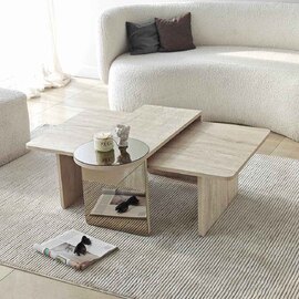 Luna Rectangular Wooden Nest of 2 Tables in Travertine Marble Effect