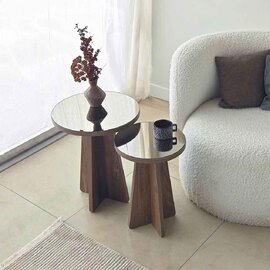 Luna Round Wooden Nest of 2 Side Tables in Bronze and Walnut