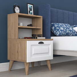 Lundero Wooden Bedside Cabinet With 2 Shelves In White And Oak