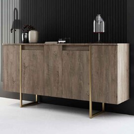 Luxe Wooden Sideboard with 4 Doors in Walnut and Gold