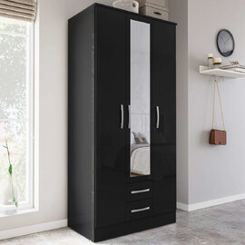 Lynn High Gloss Wardrobe With 3 Doors 2 Drawers In Black