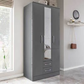 Lynn High Gloss Wardrobe With 3 Doors 2 Drawers In Grey
