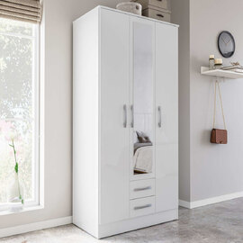 Lynn High Gloss Wardrobe With 3 Doors 2 Drawers In White