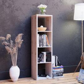 Mabon Tall Wooden Bookcase With 4 Open Storage In Sand Oak