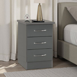 Mack Wooden Bedside Cabinet with 3 Drawers in Grey Gloss