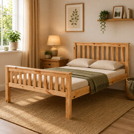 Maire High Foot End Pine Wooden King Size Bed In Antique