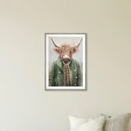 Manteo Wooden Highland Cow Wall Art In Grey Frame