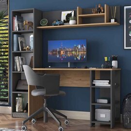 Marbella Wooden Computer Desk with Bookcase and Shelves in Anthracite Walnut