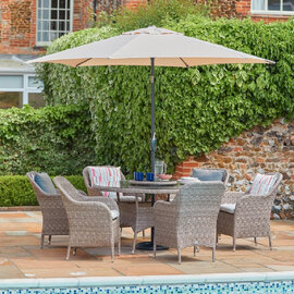 Marfa Glass Top Garden 6 Seater Dining Set With Parasol In Sand