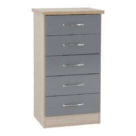 Mack Wooden Chest Of 5 Drawers With Grey Gloss Front In Oak