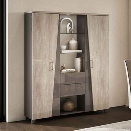 Marvix Grey High Gloss Display Cabinet with LED Lighting and 2 Doors 2 Drawers