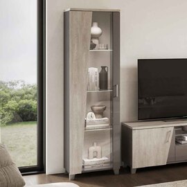 Marvix Grey High Gloss Display Cabinet with LED Lighting and Left Door