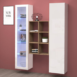Marysville White Glossy LED Display Cabinet With 2 Doors And 9 Shelves In Oak