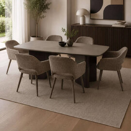Marzio Matt Chocolate Wooden Dining Table with 6 Hovion Hazel Fabric Chair