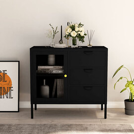 Masika Steel Display Cabinet With 1 Door 3 Drawers In Black