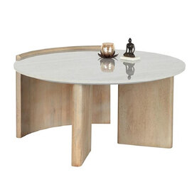 Mavon Round White Marble Effect Top Coffee Table with Oak Mango Wood Base