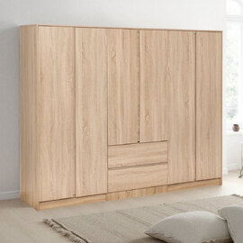 Mcgowen Wooden Wardrobe with 6 Doors 2 Drawers in Sonoma Oak Effect