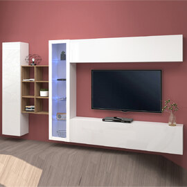 Mcrae LED White Glossy Entertainment Unit With 1 Glass Door And 6 Shelves In Oak