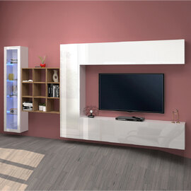 Mcrae LED White Glossy Entertainment Unit With 1 Glass Door And 9 Shelves In Oak