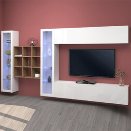 Mcrae LED White Glossy Entertainment Unit With 2 Glass Doors And 9 Shelves In Oak
