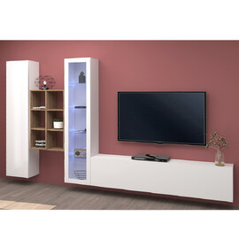 Mcrae LED White Glossy L Shape Entertainment Unit With 1 Glass Door And 9 Shelves In Oak