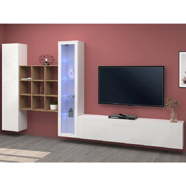 Mcrae LED White Glossy L Shape Entertainment Unit With 1 Glass Door In Oak