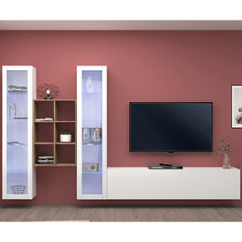 Mcrae LED White Glossy L Shape Entertainment Unit With 2 Glass Doors And 6 Shelves In Oak